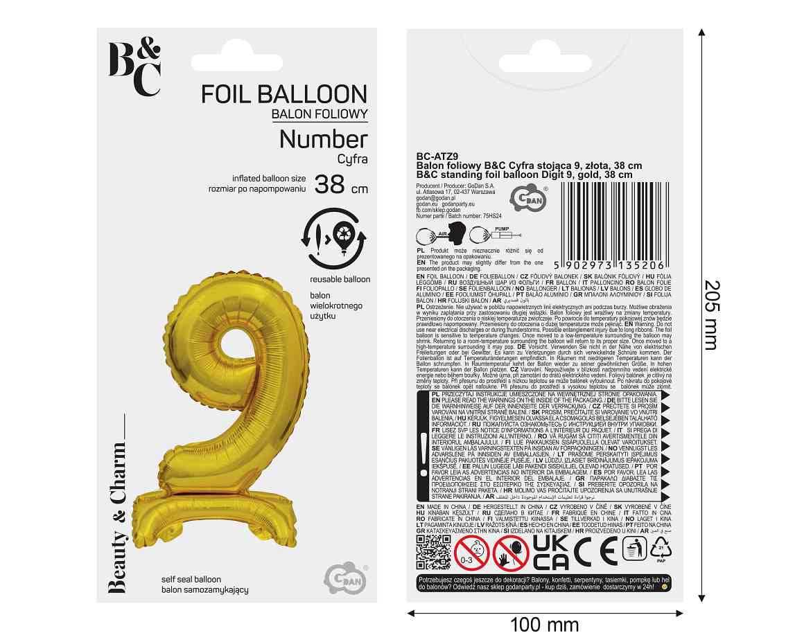 B&C foil balloon Standing digit 9, gold, 38 cm